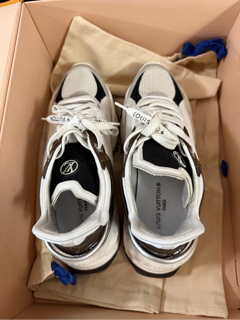 Louis Vuitton White, Black & Brown Kids Logo Accent Sneakers